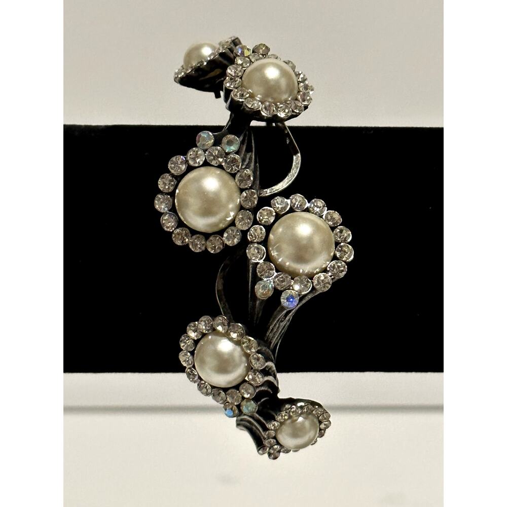 Costume Jewelry Faux Pearl and Rhinestones Clamp Cuff Bracelet Statement Piece